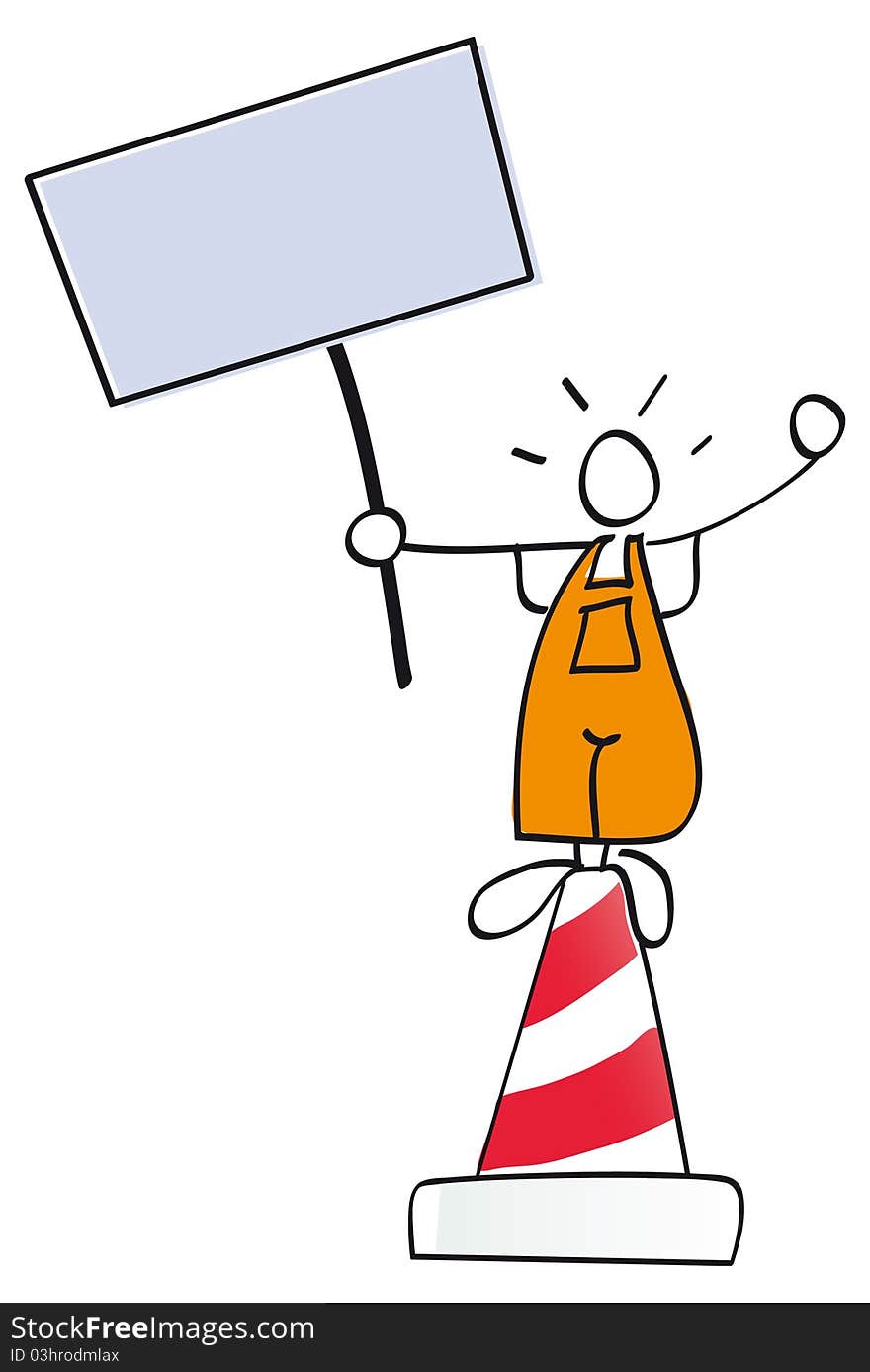 Worker with a poster, standing up on a traffic cone. Worker with a poster, standing up on a traffic cone