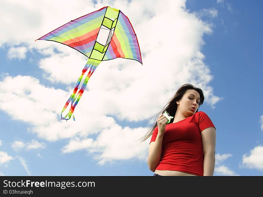 Girl In Red Shirt Flying Kite