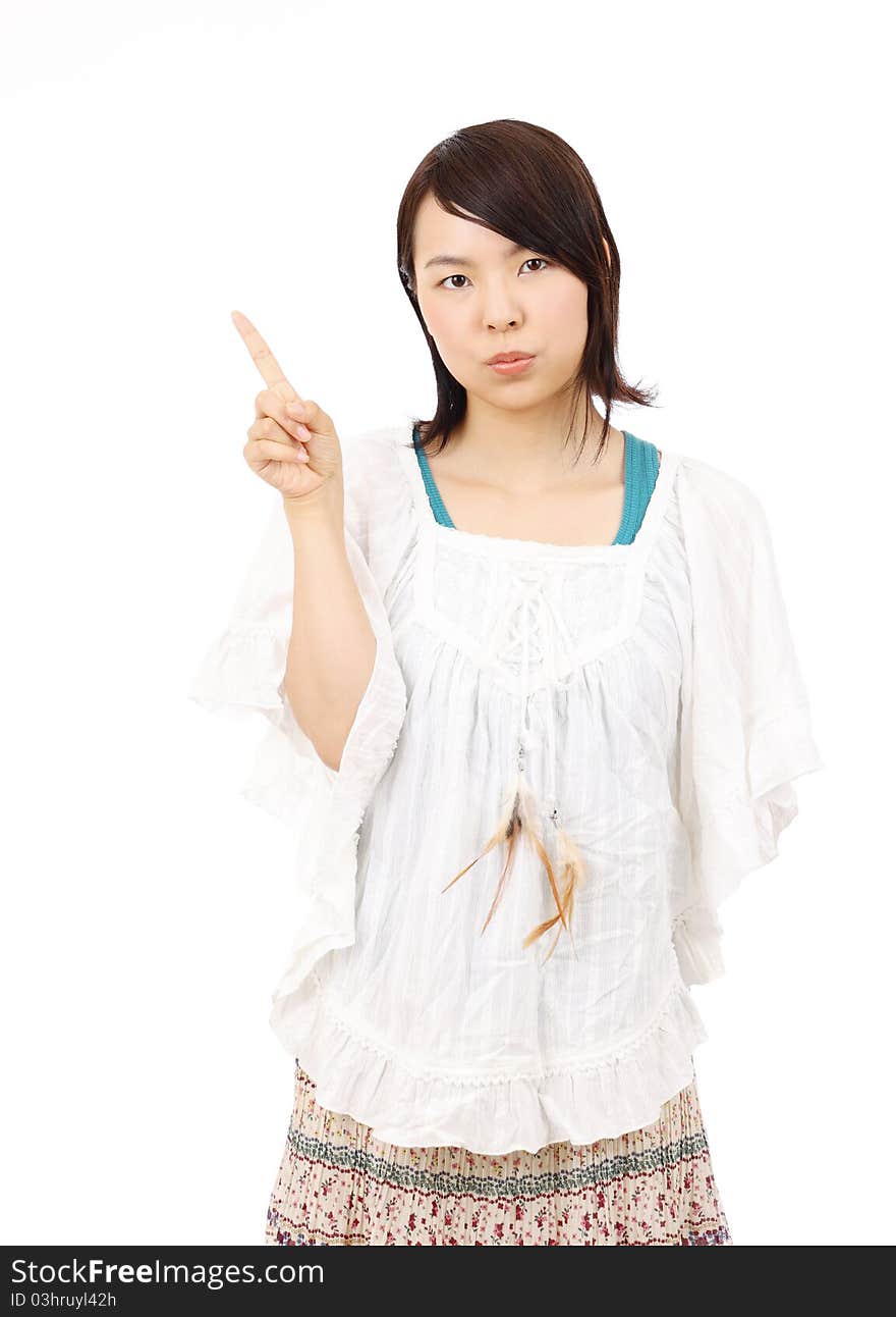 Portrait of young japanese woman pointing. Portrait of young japanese woman pointing