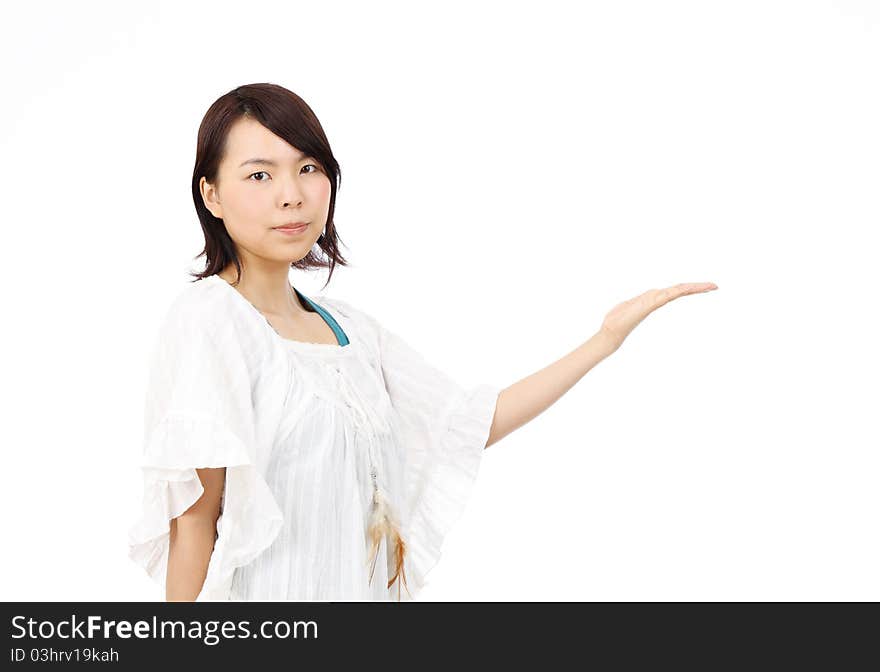 Young japanese woman hand showing blank sign. Young japanese woman hand showing blank sign