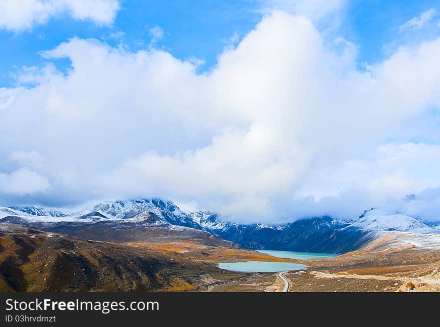 The sun plateau lakes at the feet of the mountain. The sun plateau lakes at the feet of the mountain