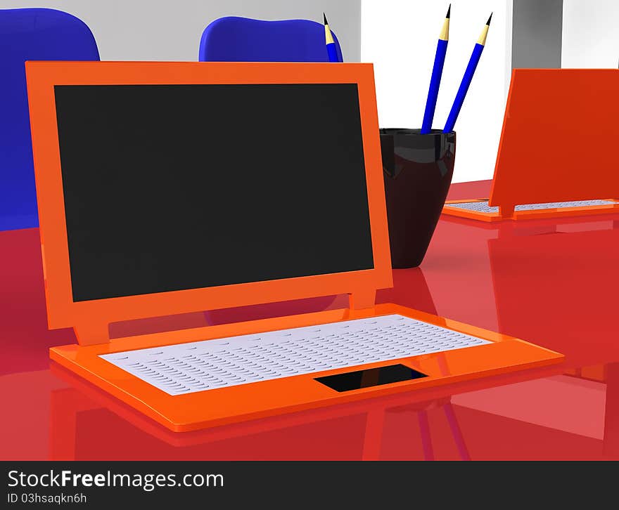 3d stereoscopic laptops on red table with blue pencils. 3d stereoscopic laptops on red table with blue pencils