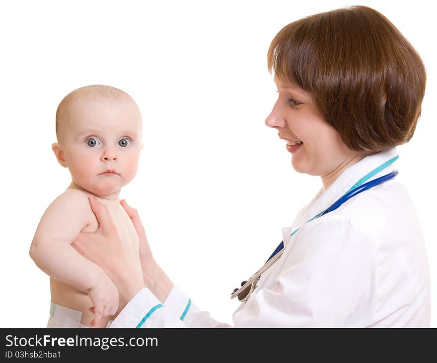 Doctor with a baby on a white background.