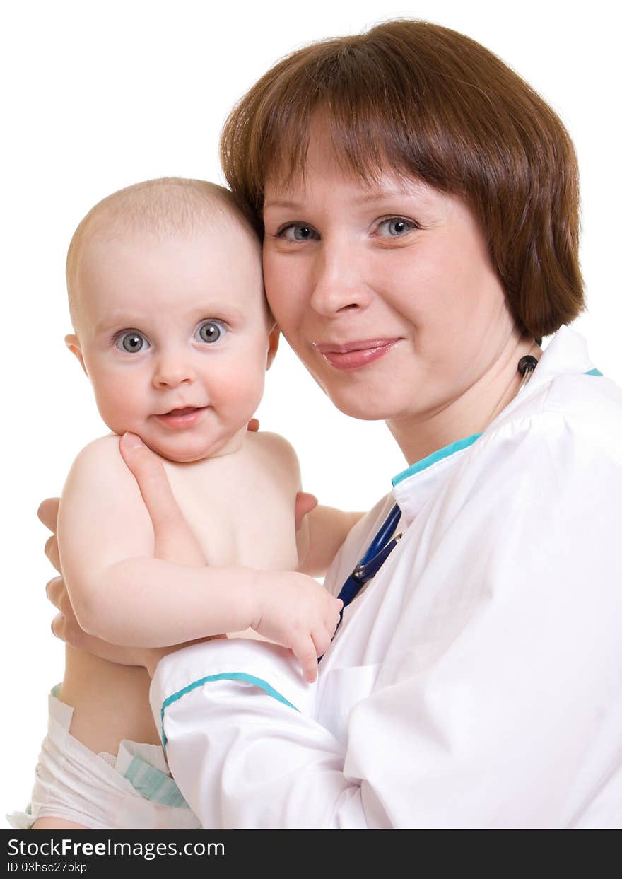 Doctor with a baby on a white background.