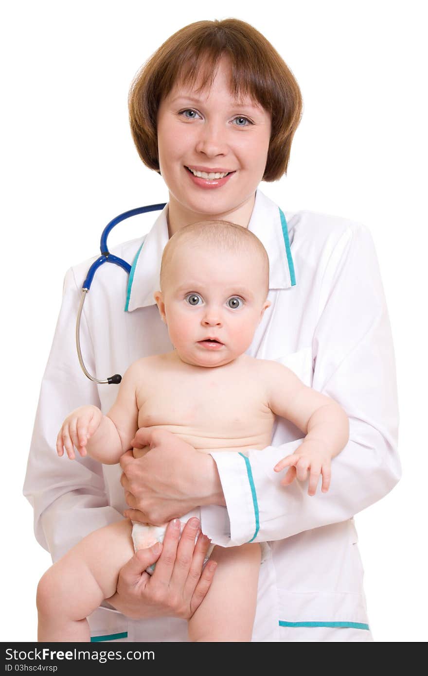 Doctor with a baby on a white background.