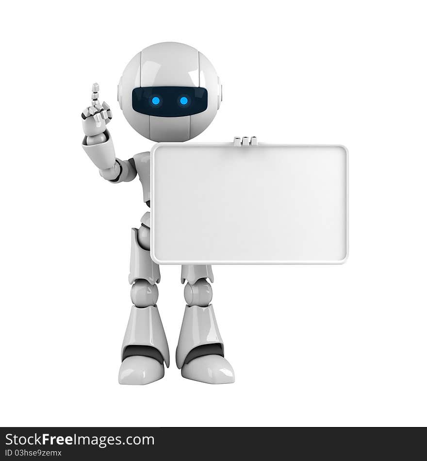 White robot stay with blank banner