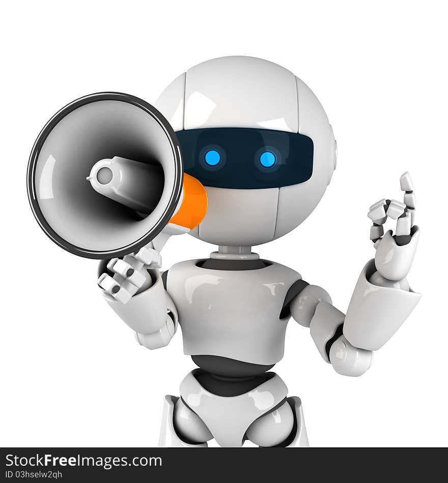 White robot stay with megaphone