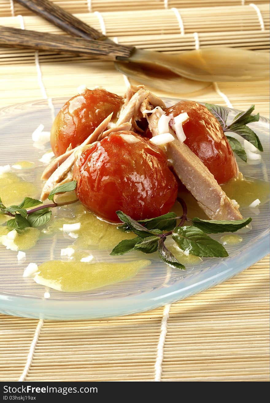 Detail salad with roasted tomatoes covered background