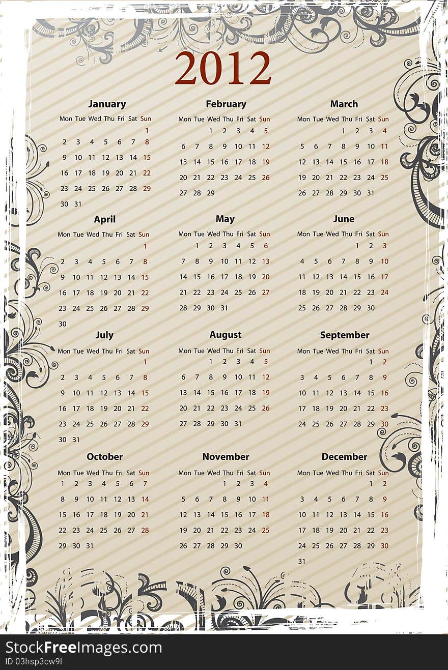 European Vector beige floral grungy calendar 2011, starting from Mondays. European Vector beige floral grungy calendar 2011, starting from Mondays