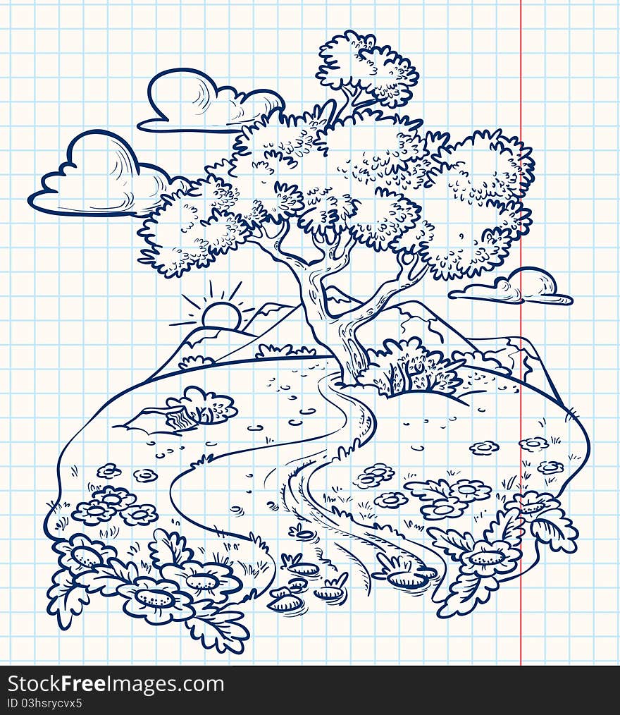 Idyllic summer landscape with tree (doodle version). Idyllic summer landscape with tree (doodle version)