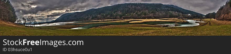 Panorama of Karst fields and lake