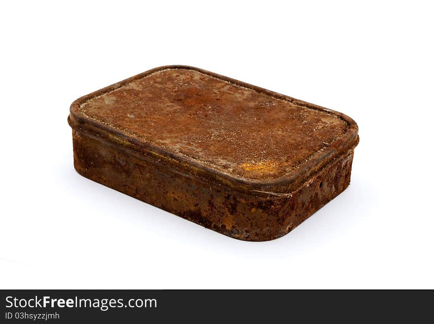 Rusty aged rectangular tin isolated on white. Rusty aged rectangular tin isolated on white