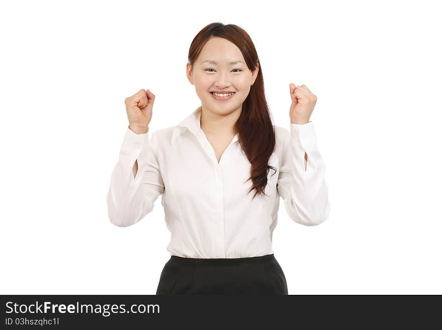 Businesswoman Raising Her Arms In Sign Of Victory