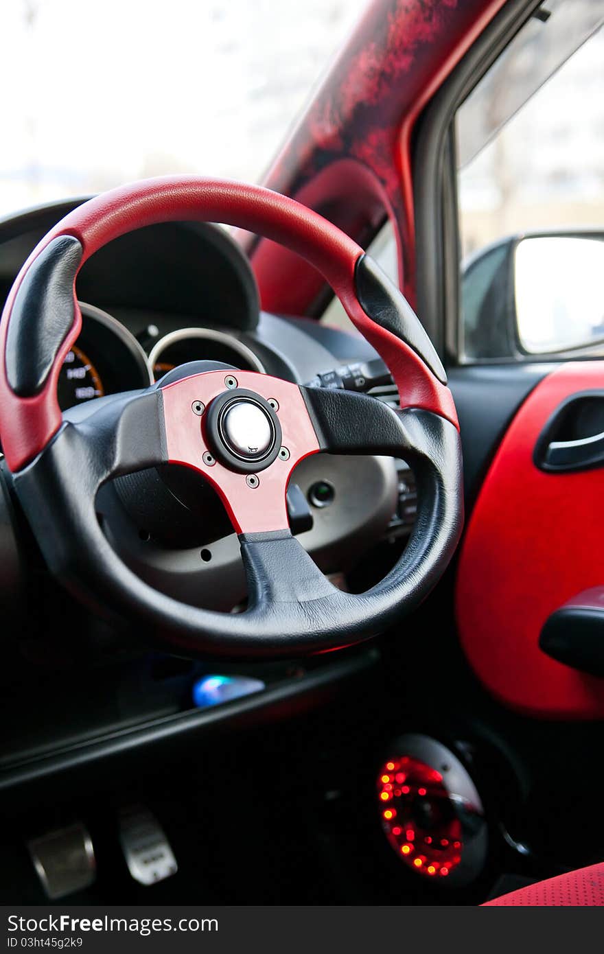 Details of the interior red car. Details of the interior red car