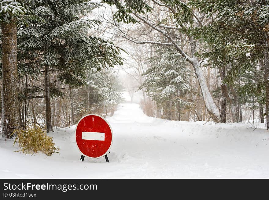 Stop Sign on winter forest Road under snowfall