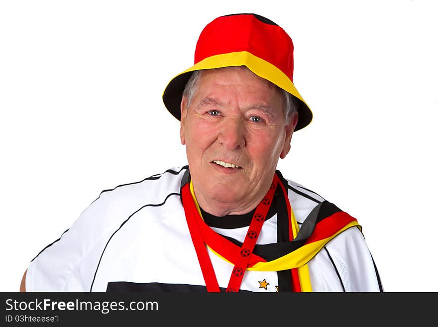 Senior soccer fan isolated on white background