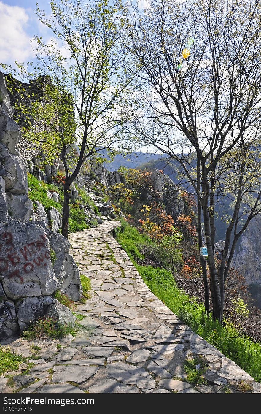 Dangerous climbing path to mountain top