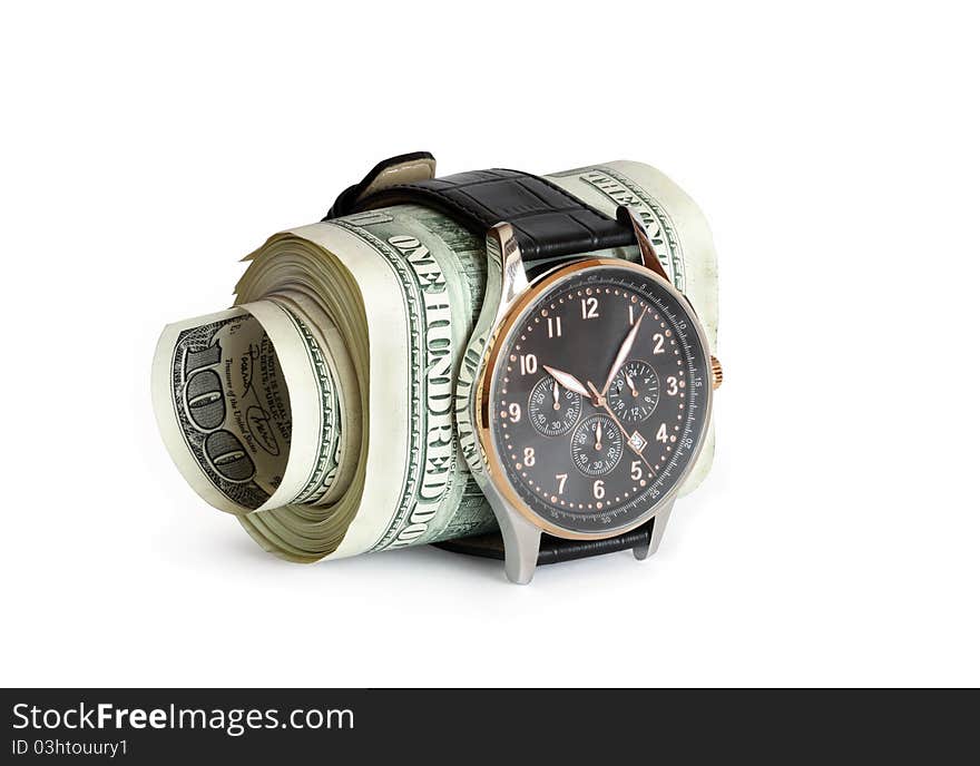 Rolled bundle of one hundred dollars notes inside locked belt of modern wristwatch. Rolled bundle of one hundred dollars notes inside locked belt of modern wristwatch