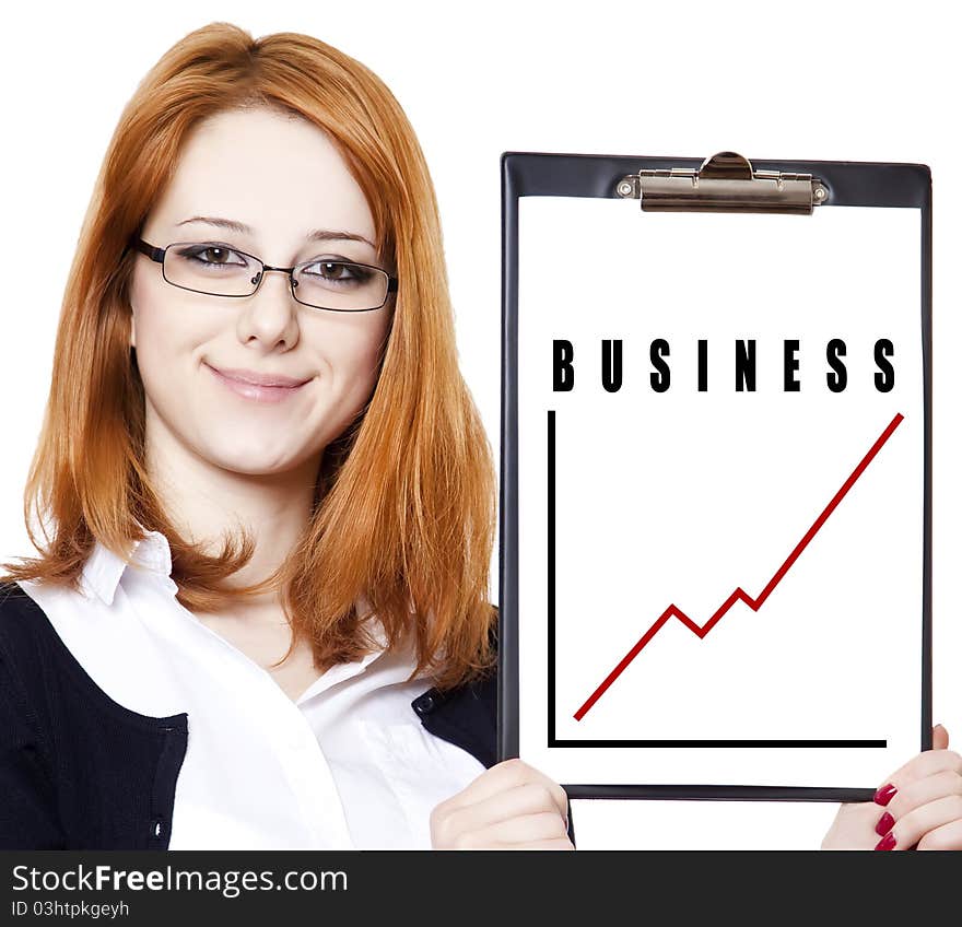 Portrait of the business woman with a represent folder. Studio shot.