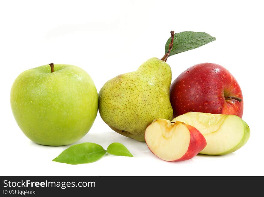 Composition from apples and pears, red and green, whole and cut