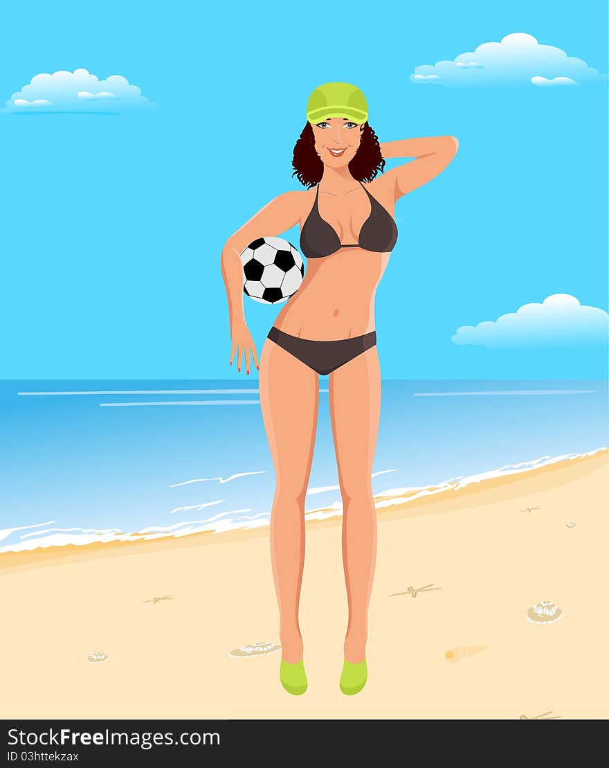 Illustration active girl with ball on beach - vector