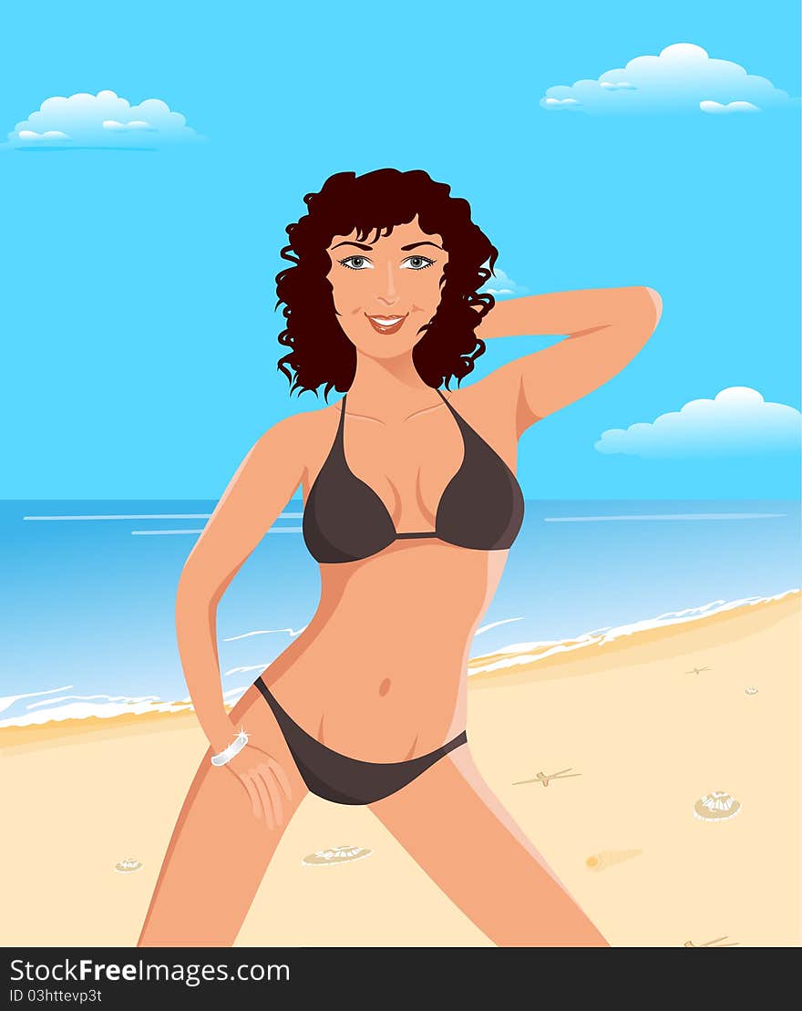 Illustration pretty suntanned girl on beach - vector