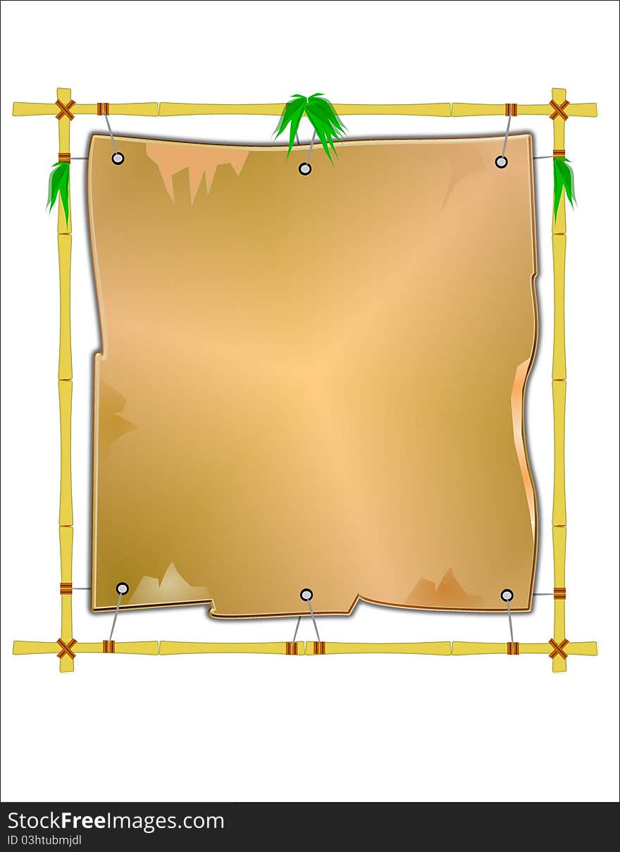 Yellow oriental frame with canvas stretched across face and leaves at top joints on white