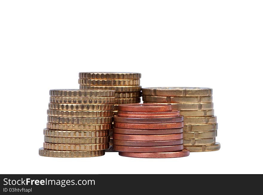 Stacks of coins isolated on white background without shadow. Clipping paths. Theme of money and finance.