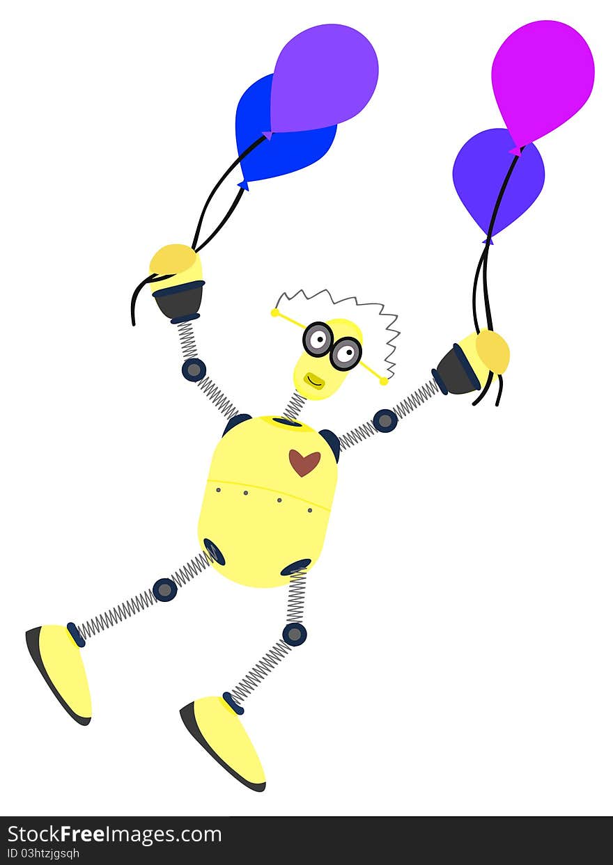 Yellow Robot Floating With Balloons In Hand