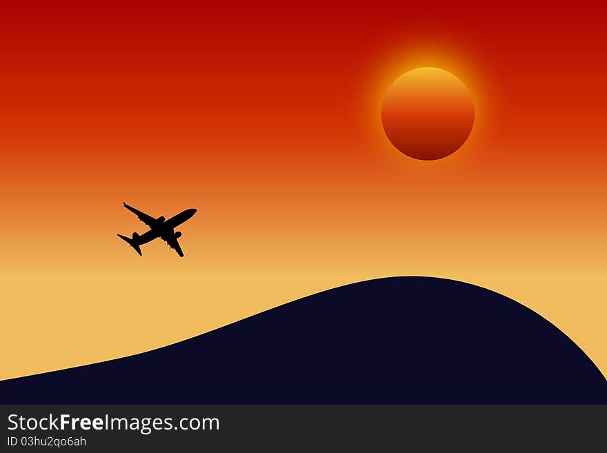 An airplane climbing at sunset