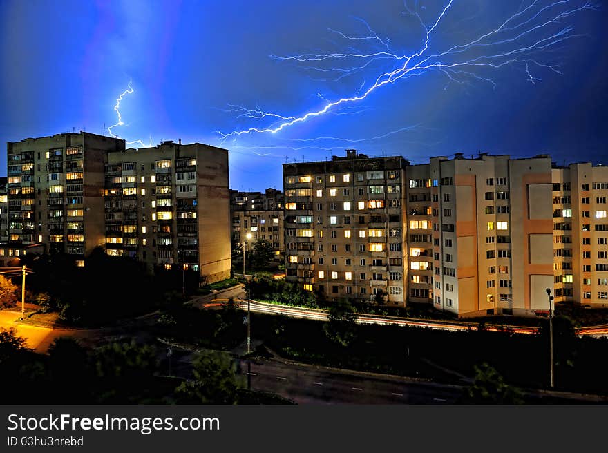 Landscape with a storm sky and lightnings