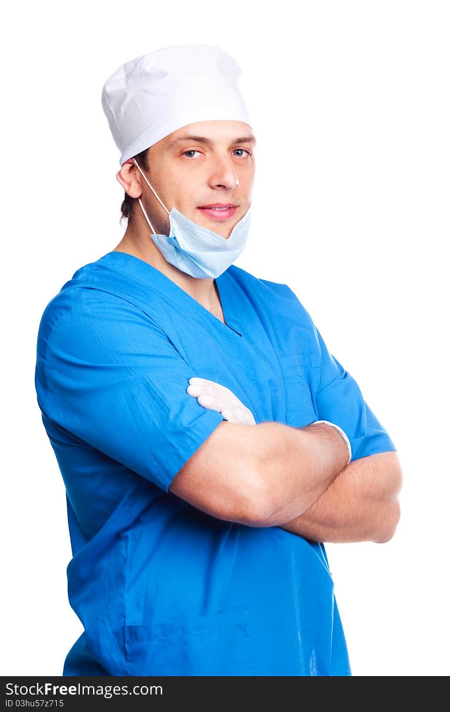 Portrait of doctor wearing a mask and blue uniform. isolated on white background. Portrait of doctor wearing a mask and blue uniform. isolated on white background