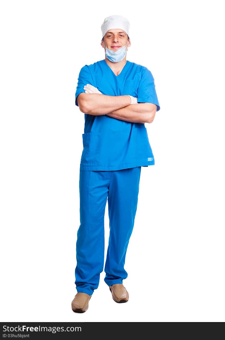 Portrait of doctor wearing a mask and blue uniform. isolated on white background. Portrait of doctor wearing a mask and blue uniform. isolated on white background