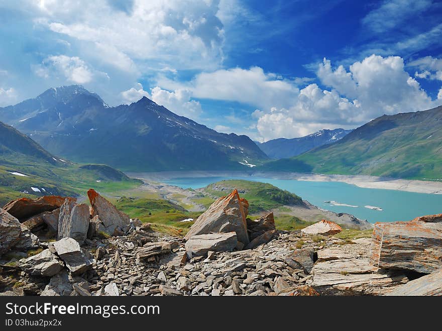 A view of the Mont-Cenis lake from the Varisello Fortress. A view of the Mont-Cenis lake from the Varisello Fortress