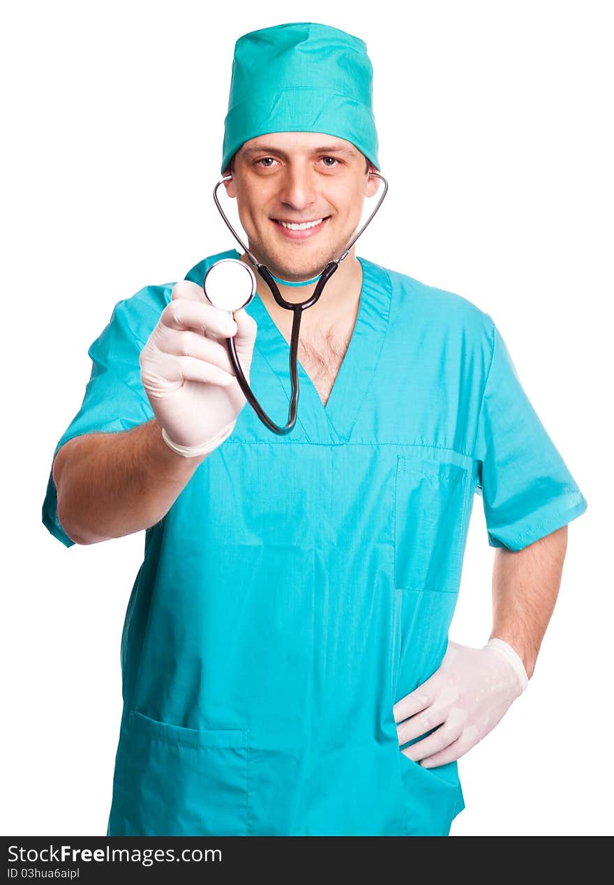 Portrait of a surgeon with a stethoscope, isolated against white background