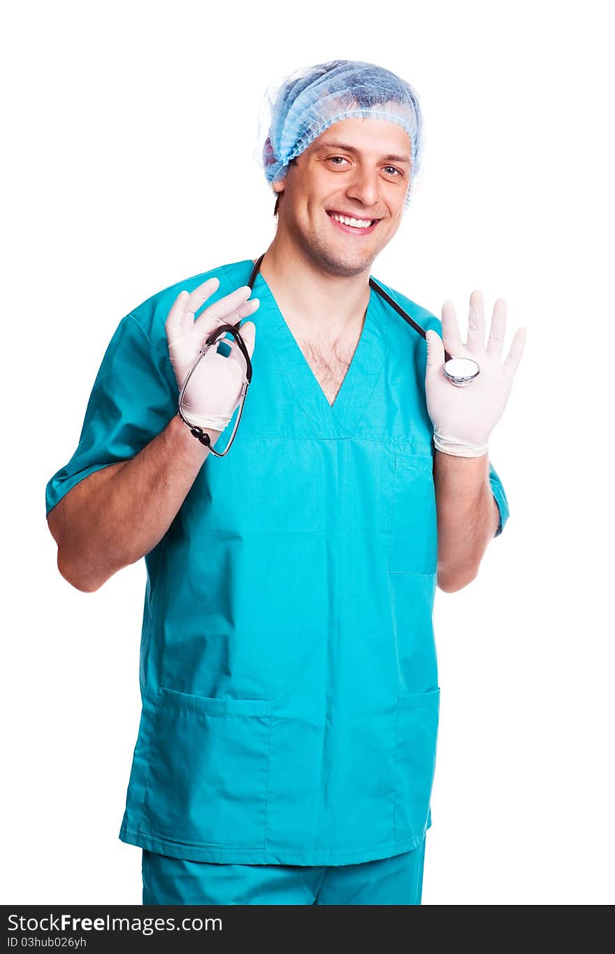 Portrait of a surgeon holding a  stethoscope, isolated against white background