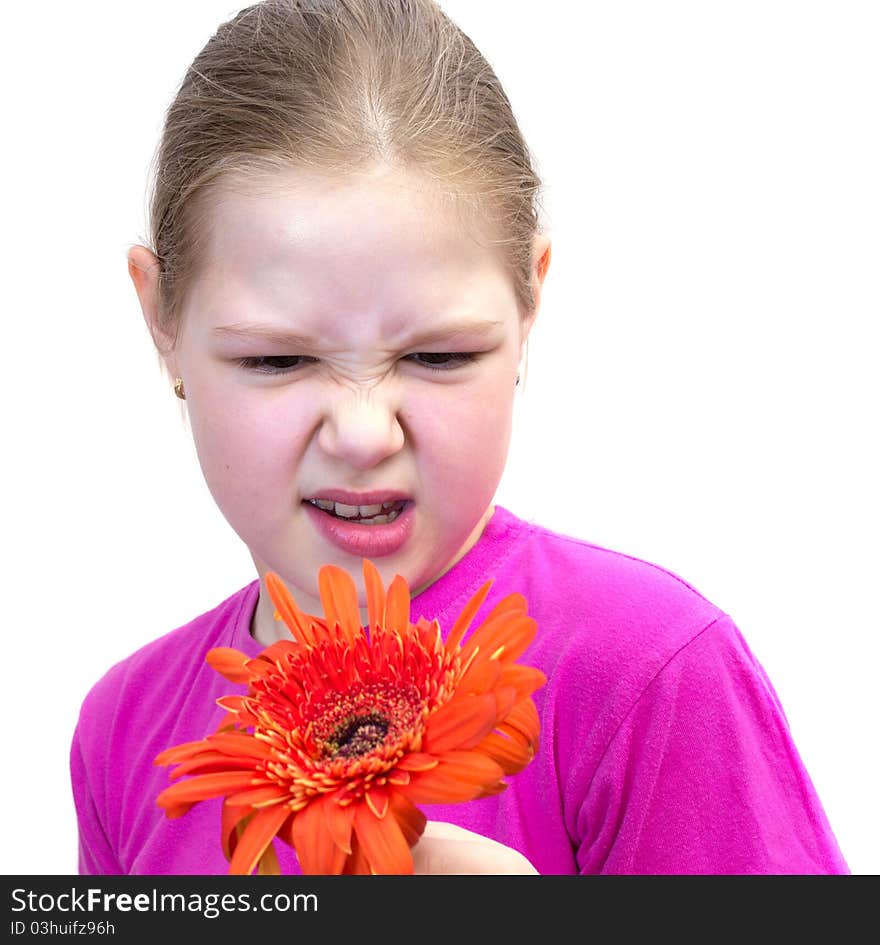 The girl with a flower isolated on white