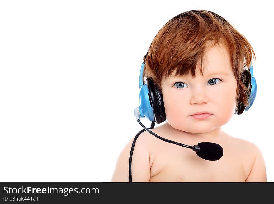 Adorable baby girl with headset microphone. Isolated over white. Adorable baby girl with headset microphone. Isolated over white.