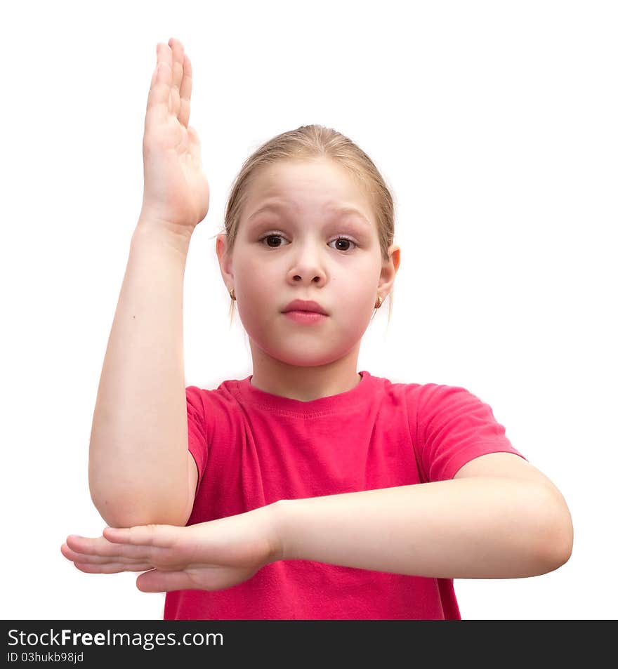 The girl holds a hand upwards on white