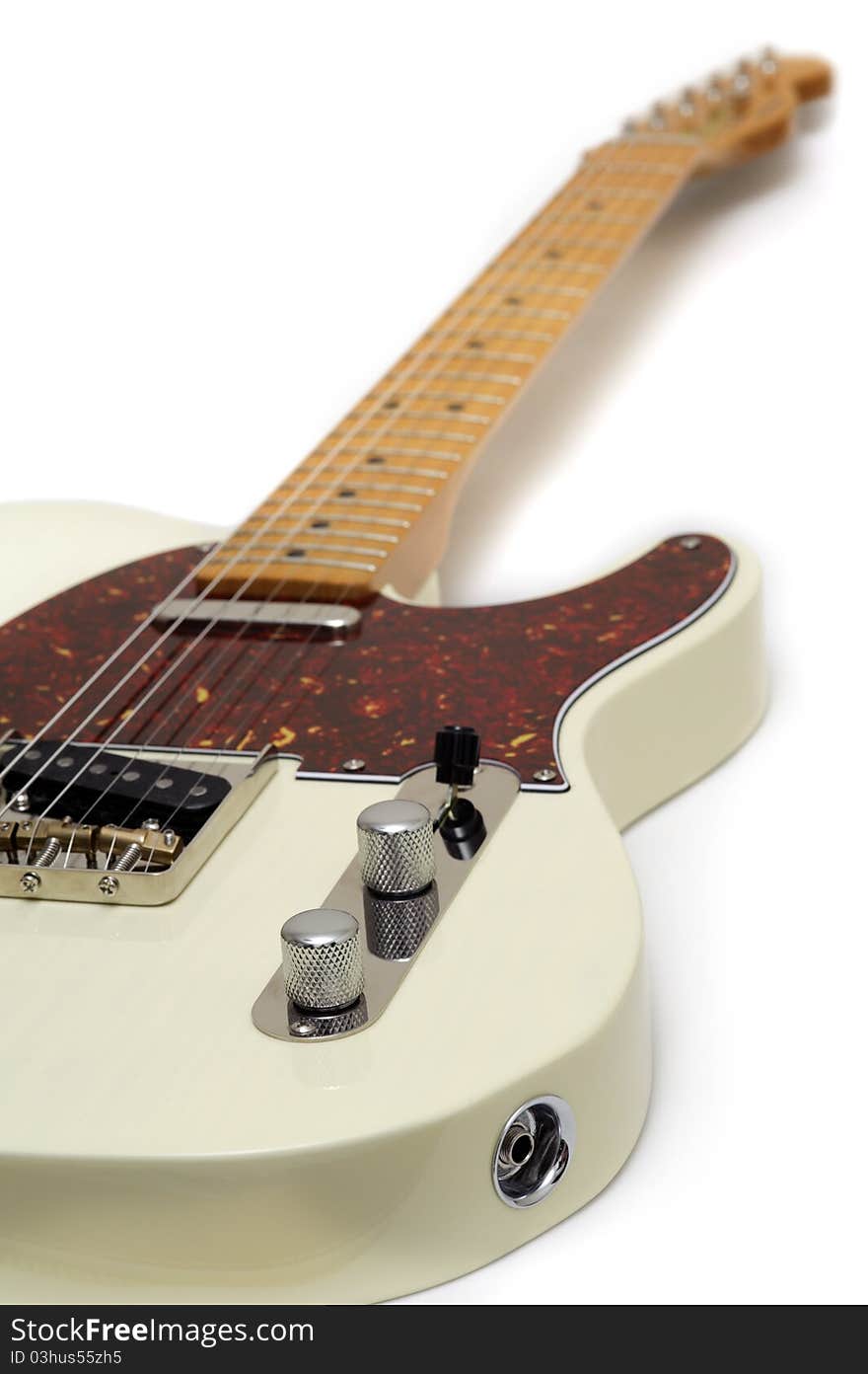 Photograph of a classic 1950s-style vintage American iconic electric guitar with blonde finish, red tortoiseshell pick guard, maple fretboard. Shot taken against a white background.