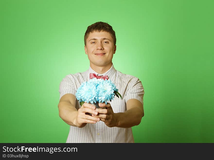 Lover Man Nerd With A Bouquet Of Flowers