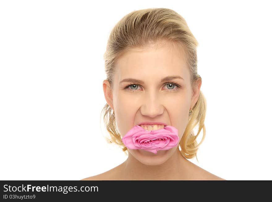 Evil woman with flower in her mouth isolated on white