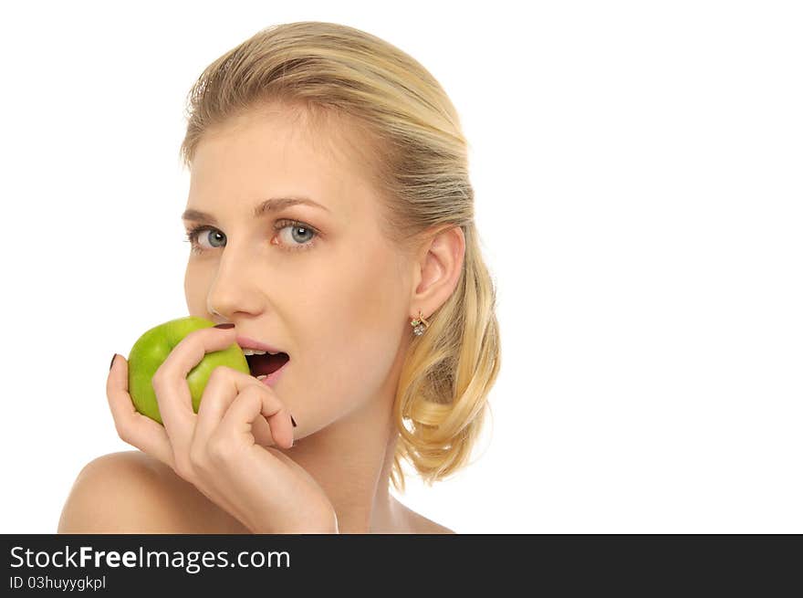 Beautiful woman with apple isolated on white