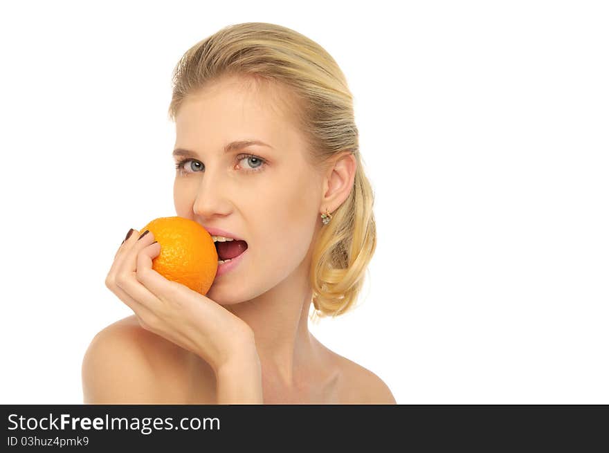 Beautiful woman with oranges isolated on white