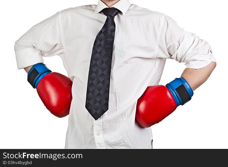 Man wearing white shirt and boxing gloves. Man wearing white shirt and boxing gloves