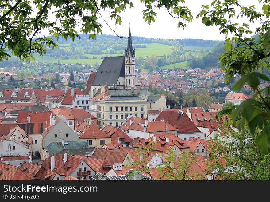 Panorama view, Spring season.View to world heritage castle of Cesky Krumlov.