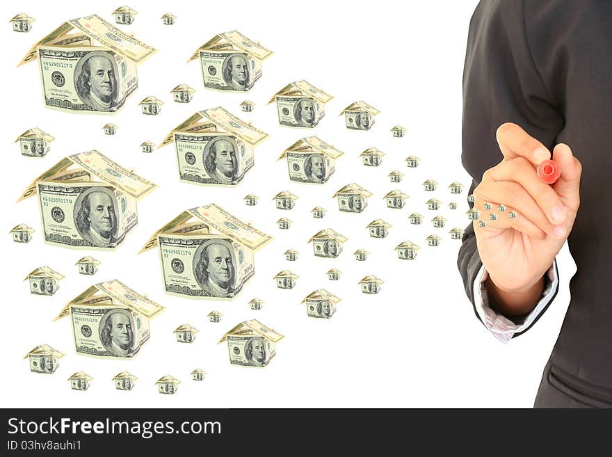 girl with dollar's banknotes on falling dollars background. girl with dollar's banknotes on falling dollars background