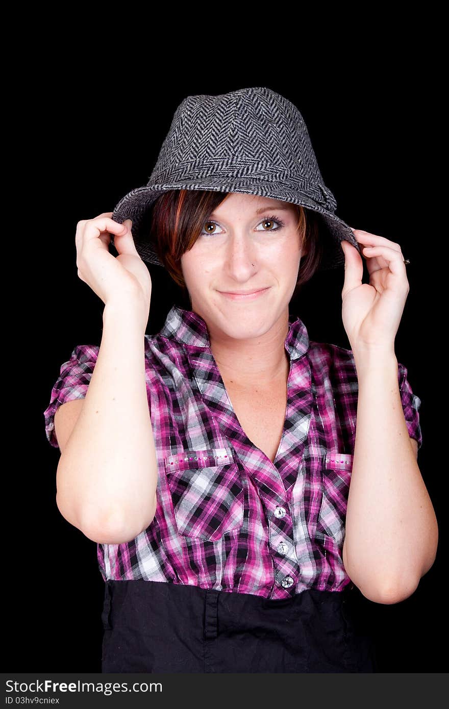 Pretty Girl in a Pink and Black Shirt and a Hat