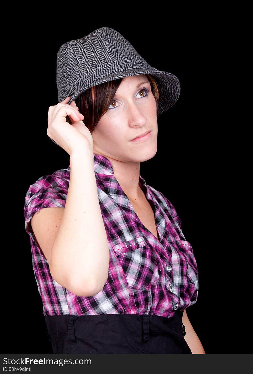 Pretty Girl in a Pink and Black Shirt and a Hat