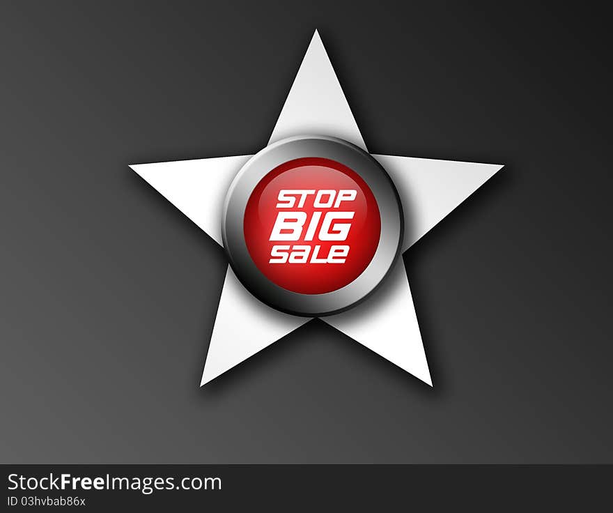 Red stop big sale icon with metallic edge and star over dark background